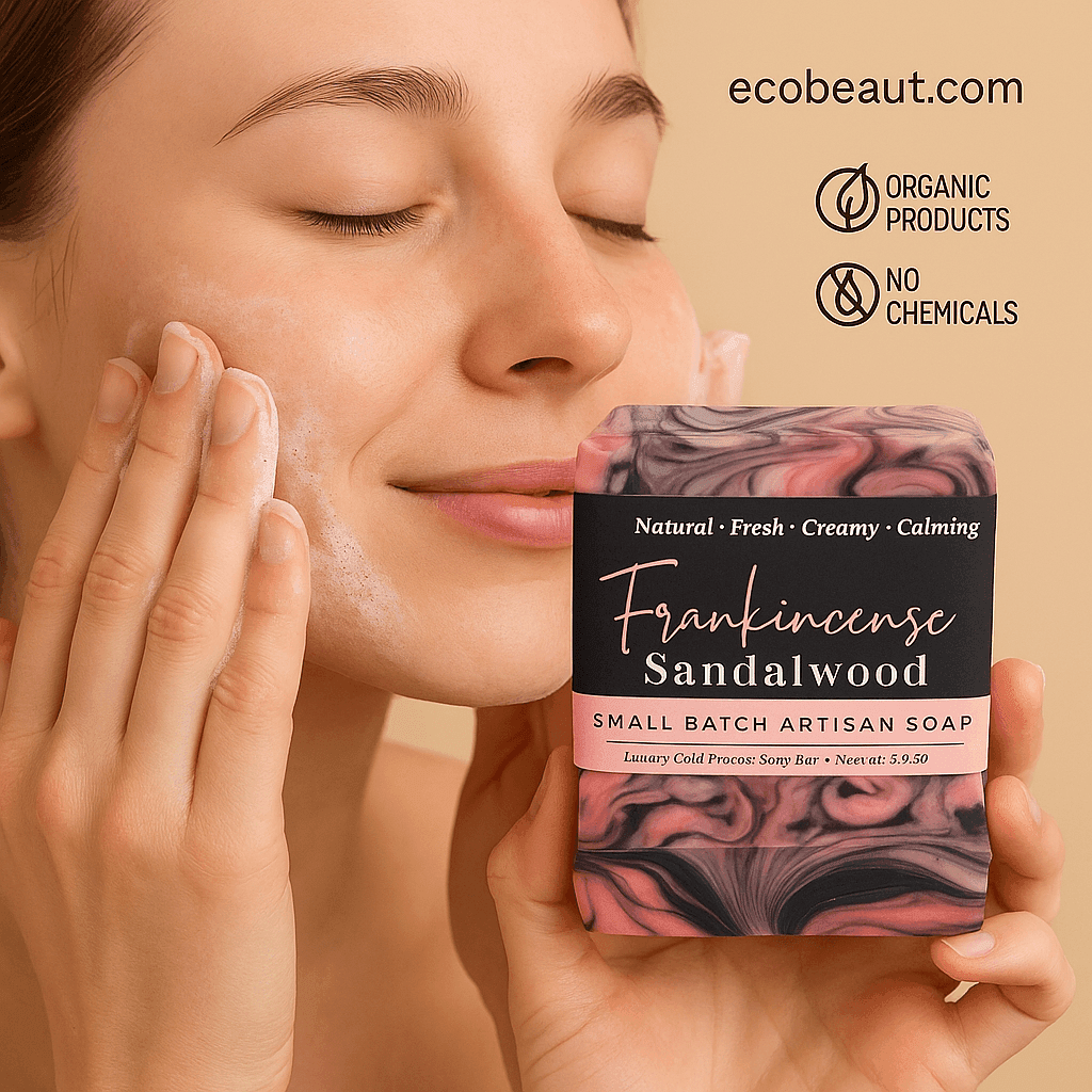 Woman smiling gently while applying Frankincense Sandalwood soap to her cheek, with ecobeaut.com, “ORGANIC PRODUCTS,” and “NO CHEMICALS” icons in the top right corner.