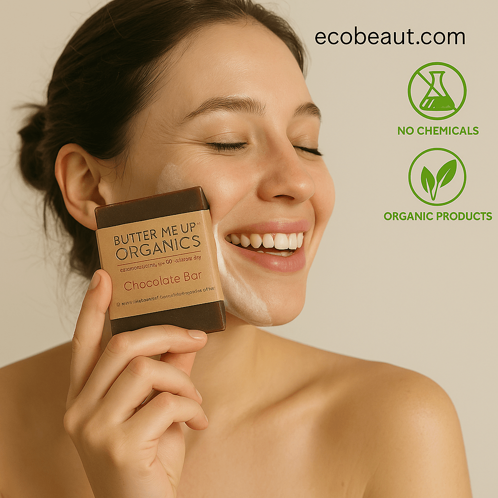 Woman smiling while applying Butter Me Up Organics Chocolate Bar soap with ecobeaut.com, No Chemicals, Organic Products labels in the top right corner.






