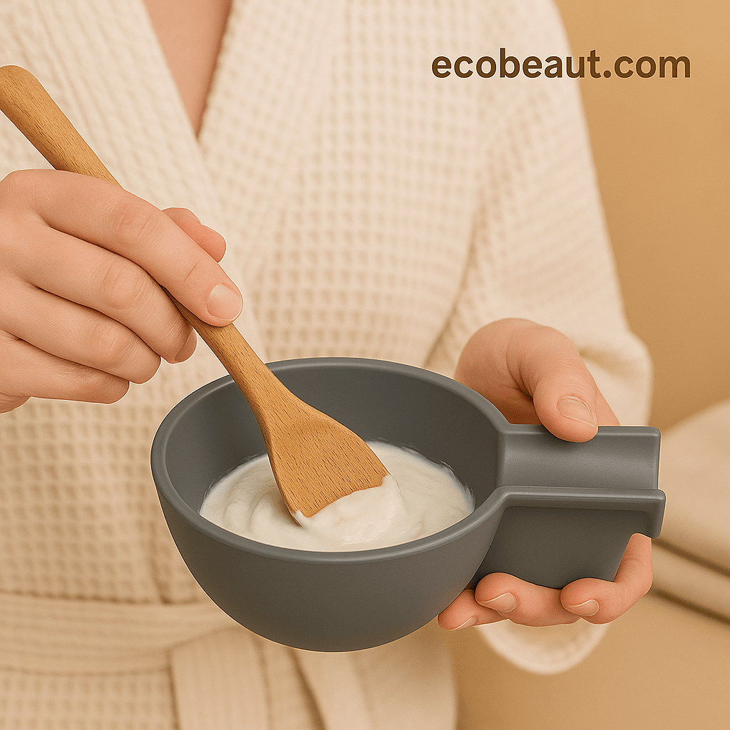 Woman stirring cream in gray mixing bowl for skincare treatment – natural wellness routine at home – eco-friendly beauty accessory branded with ecobeaut.com

