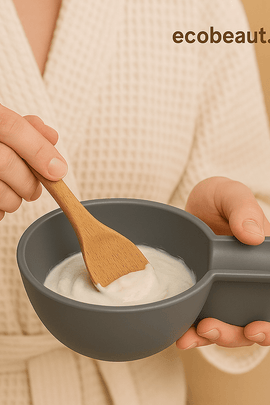 Woman stirring cream in gray mixing bowl for skincare treatment – natural wellness routine at home – eco-friendly beauty accessory branded with ecobeaut.com

