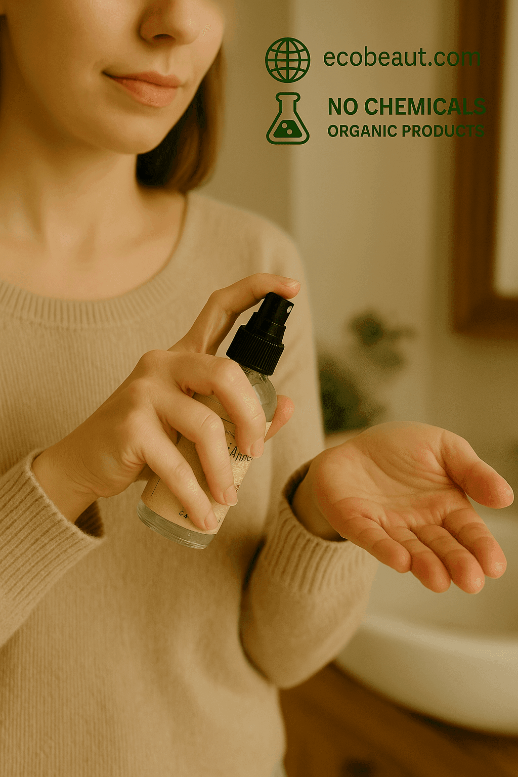 Woman using Butter Me Up Organics Hand Sanitizer spray on her hands in a cozy indoor setting. Eco-friendly product labeled organic and chemical-free from ecobeaut.com.