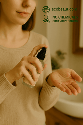 Woman using Butter Me Up Organics Hand Sanitizer spray on her hands in a cozy indoor setting. Eco-friendly product labeled organic and chemical-free from ecobeaut.com.