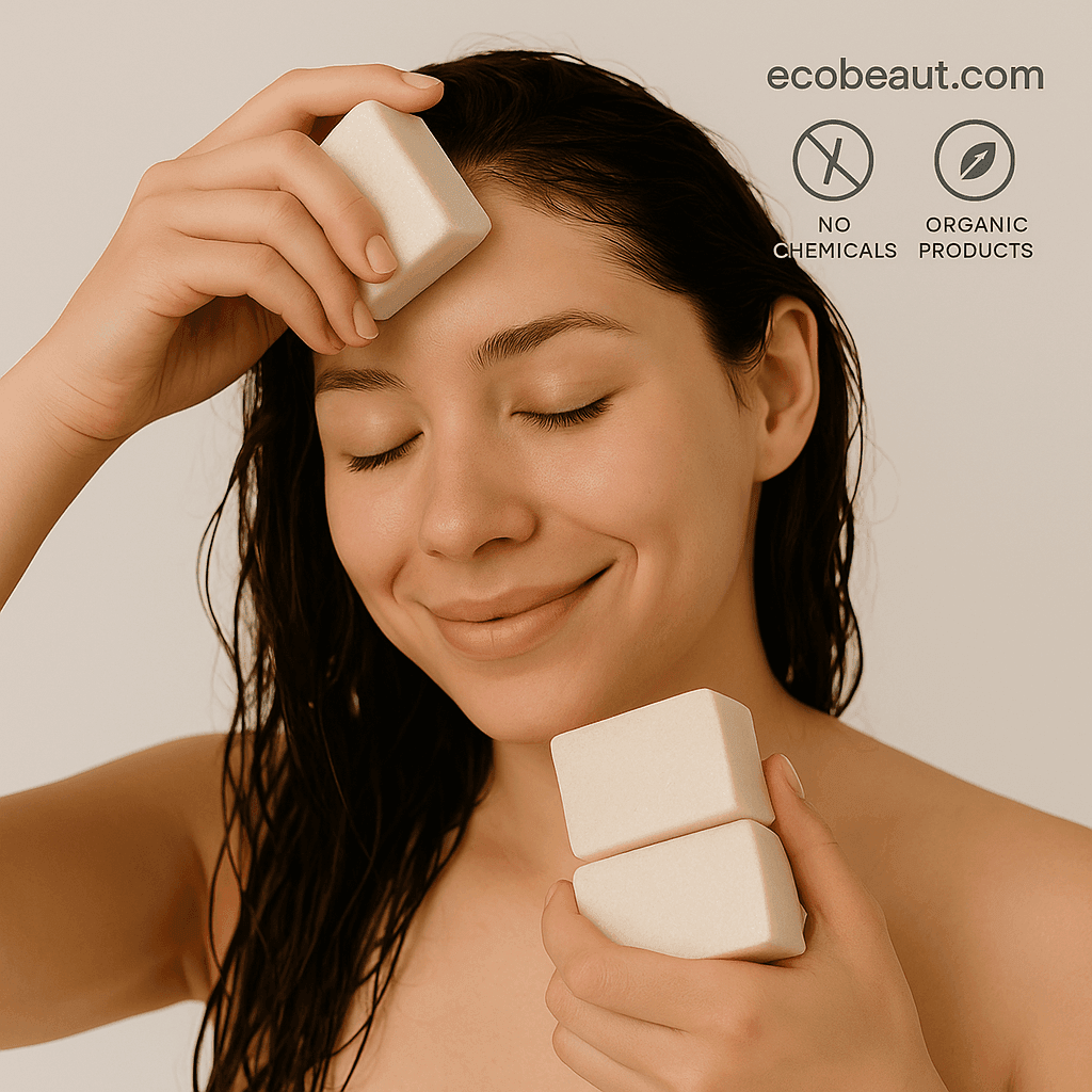 Woman using Peppermint Eucalyptus Shampoo Bar with ecobeaut.com, No Chemicals, Organic Products labels in the top right corner.