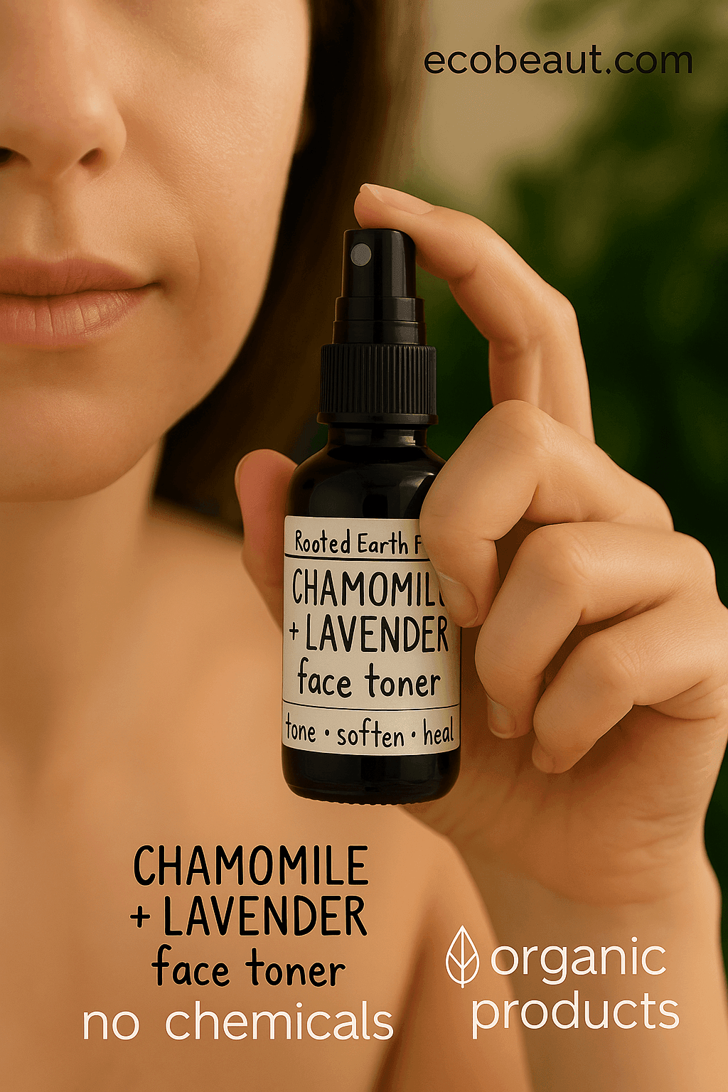 Woman using Rooted Earth Farm Chamomile + Lavender face toner, holding a dark amber spray bottle with a minimalist label, in a natural setting with greenery in the background; product labeled 'no chemicals' and 'organic products' with ecobeaut.com in the top right corner