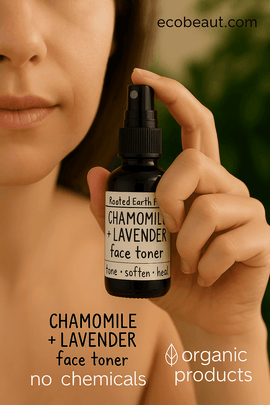 Woman using Rooted Earth Farm Chamomile + Lavender face toner, holding a dark amber spray bottle with a minimalist label, in a natural setting with greenery in the background; product labeled 'no chemicals' and 'organic products' with ecobeaut.com in the top right corner