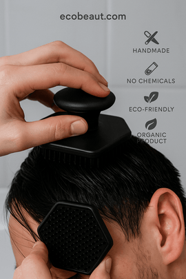 Woman using a black silicone face scrubber — Natural skincare, Handmade, No Chemicals, Organic Product, Made in USA, ecobeaut.com