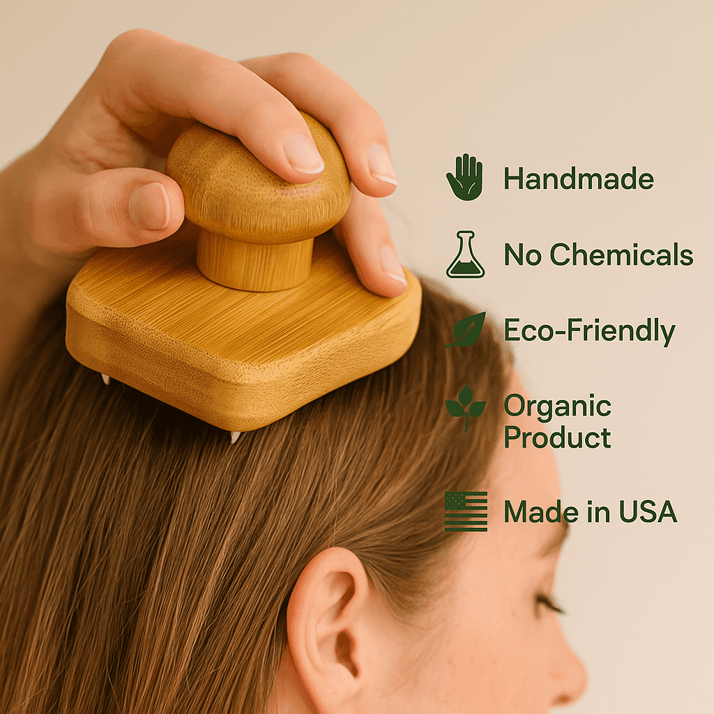 Woman using bamboo scalp massager for healthy hair care – Organic, Handmade, No Chemicals, Eco-Friendly, Made in USA – ecobeaut.com