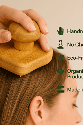 Woman using bamboo scalp massager for healthy hair care – Organic, Handmade, No Chemicals, Eco-Friendly, Made in USA – ecobeaut.com