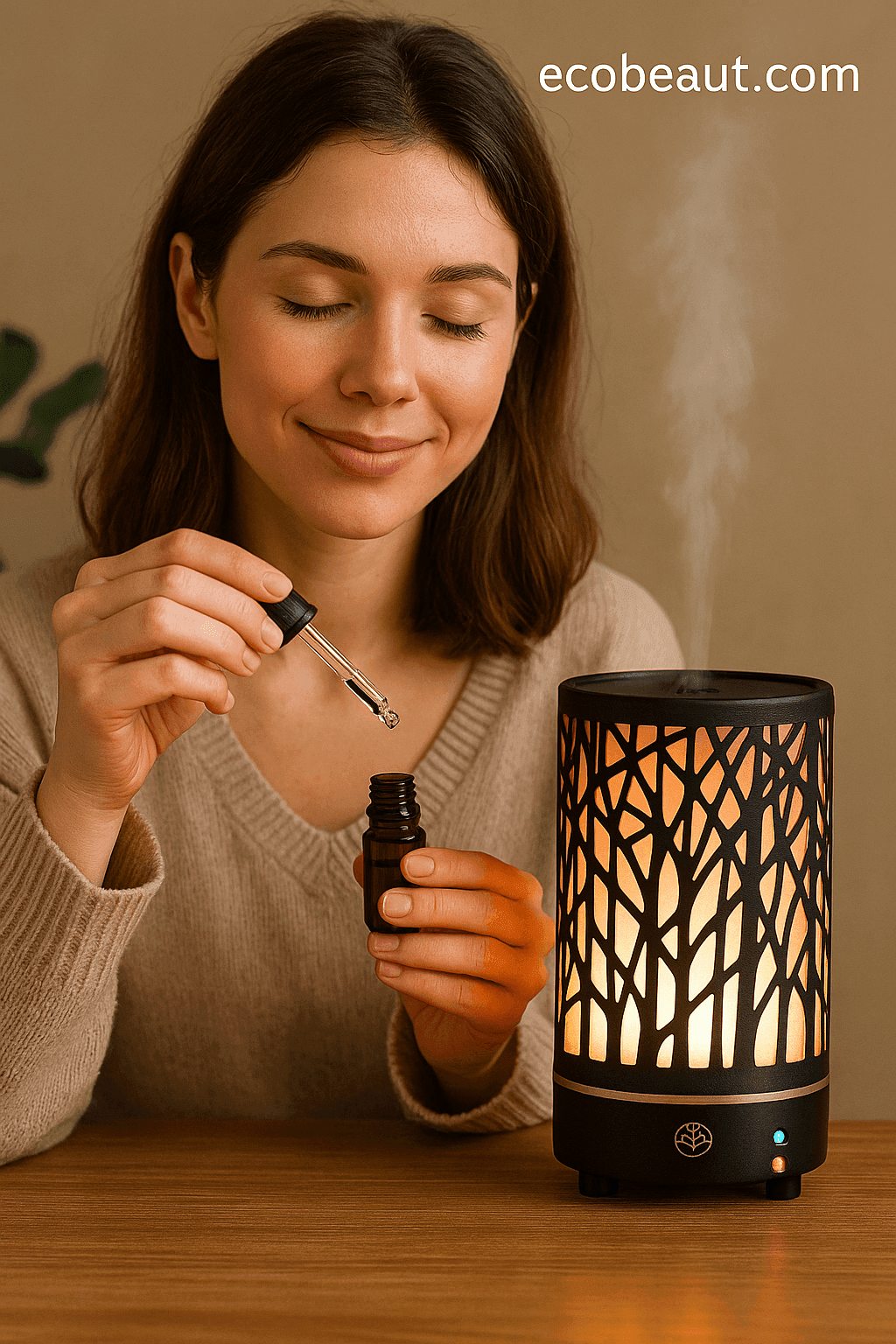 Woman using essential oil diffuser, holding a dropper bottle next to a glowing metal diffuser, with ecobeaut.com branding and visible steam
