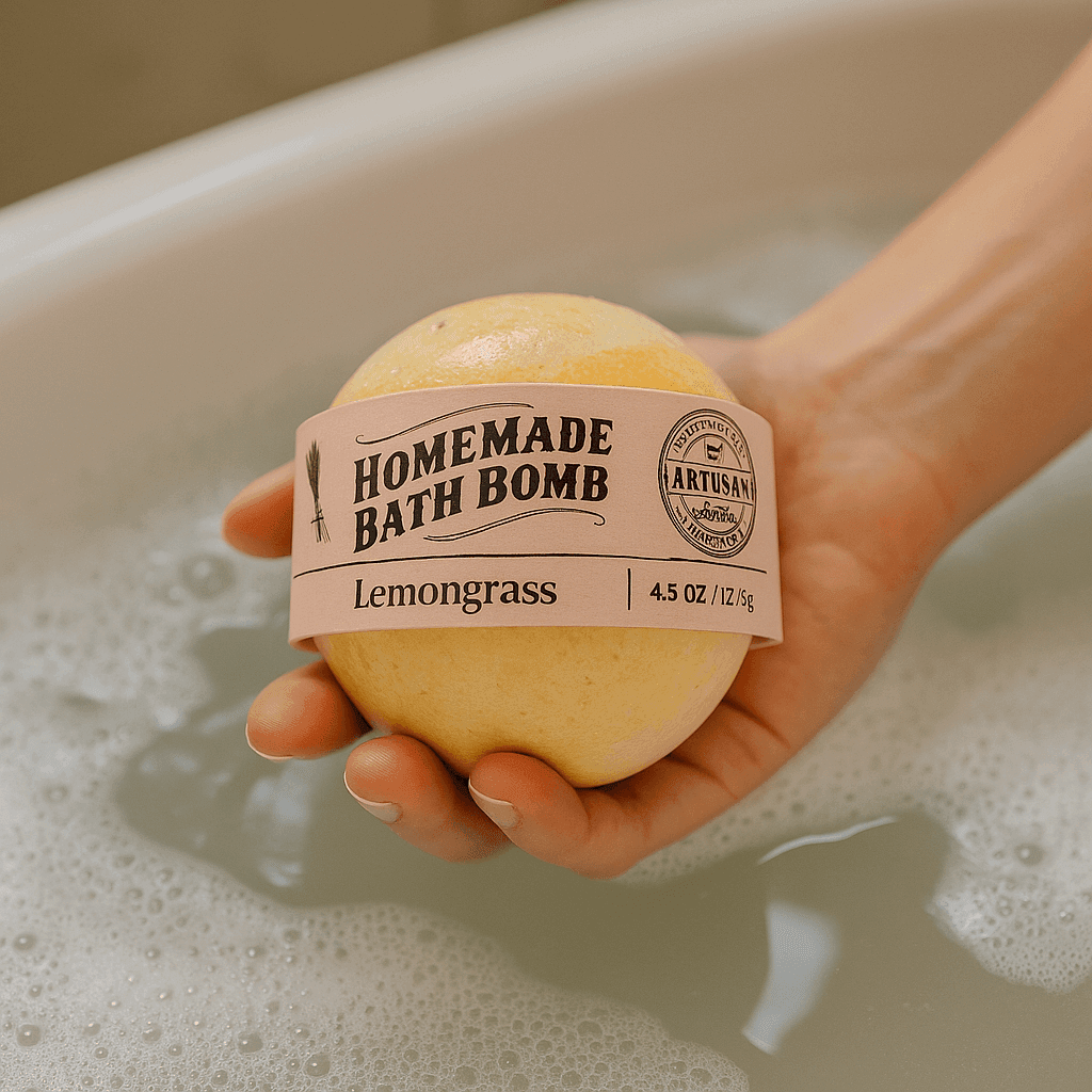 Woman using natural Lemongrass Bath Bomb in a relaxing bath – eco-friendly skincare from ecobeaut.com