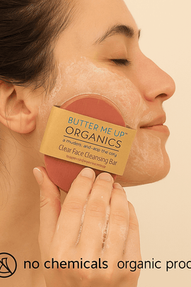 Woman using organic Clear Face Cleansing Bar with Moroccan Pink Clay from ecobeaut.com – natural skincare scene showing real product use, labeled no chemicals and organic products
