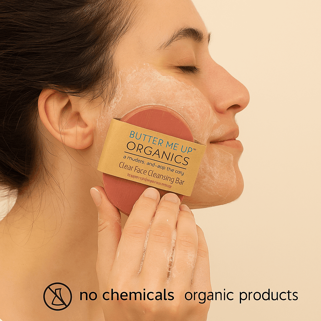 Woman applying a cleansing bar to her face with 'Butter Me Up Organics' branding.