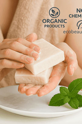 Woman washing hands with organic soap from ecobeaut.com, holding two off-white bars over a white plate with mint leaves, featuring “NO CHEMICALS” and “ORGANIC PRODUCTS” icons in the top right corner.




