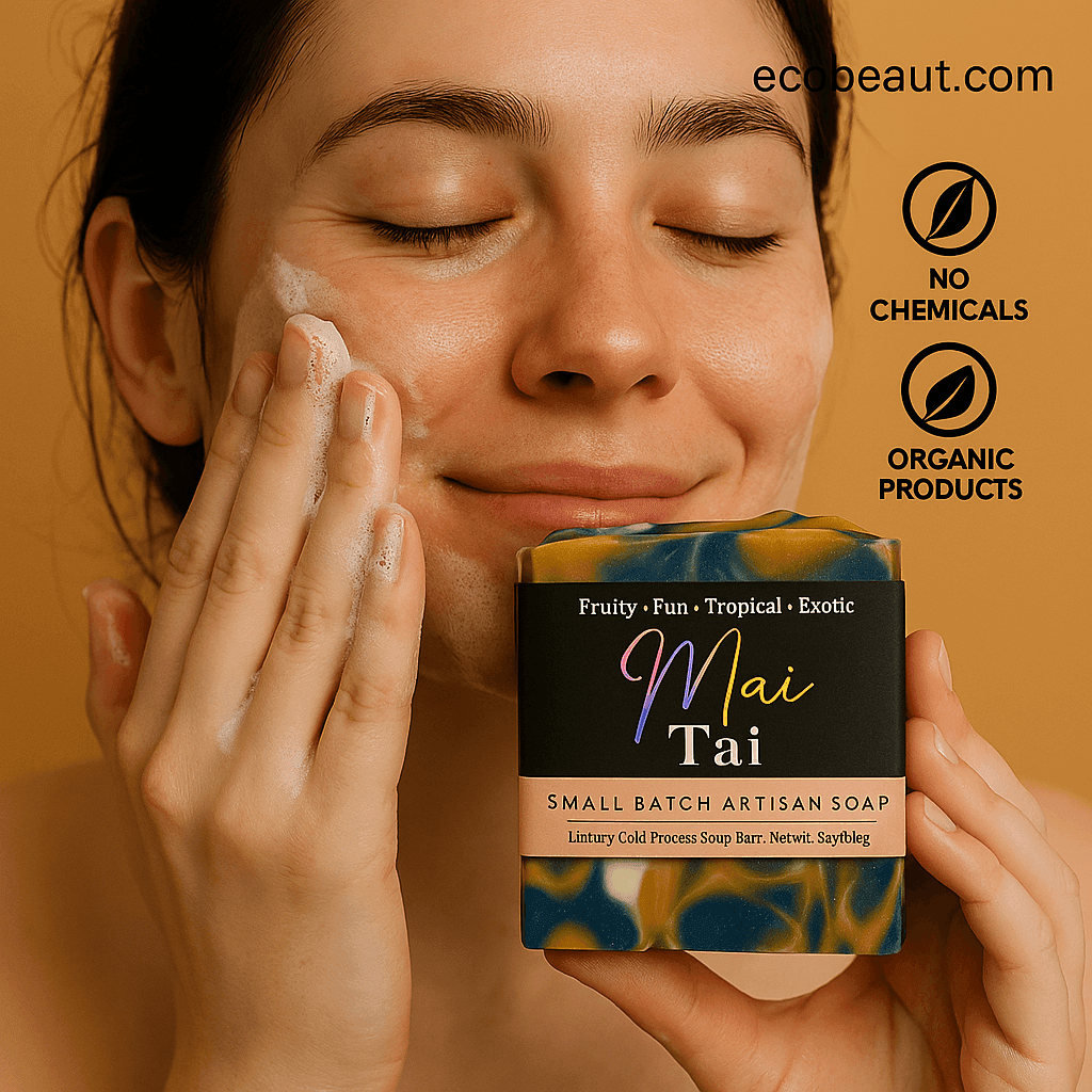 Woman washing her face with Mai Tai artisan soap from ecobeaut.com, smiling softly with “NO CHEMICALS” and “ORGANIC PRODUCTS” icons in the top right corner.