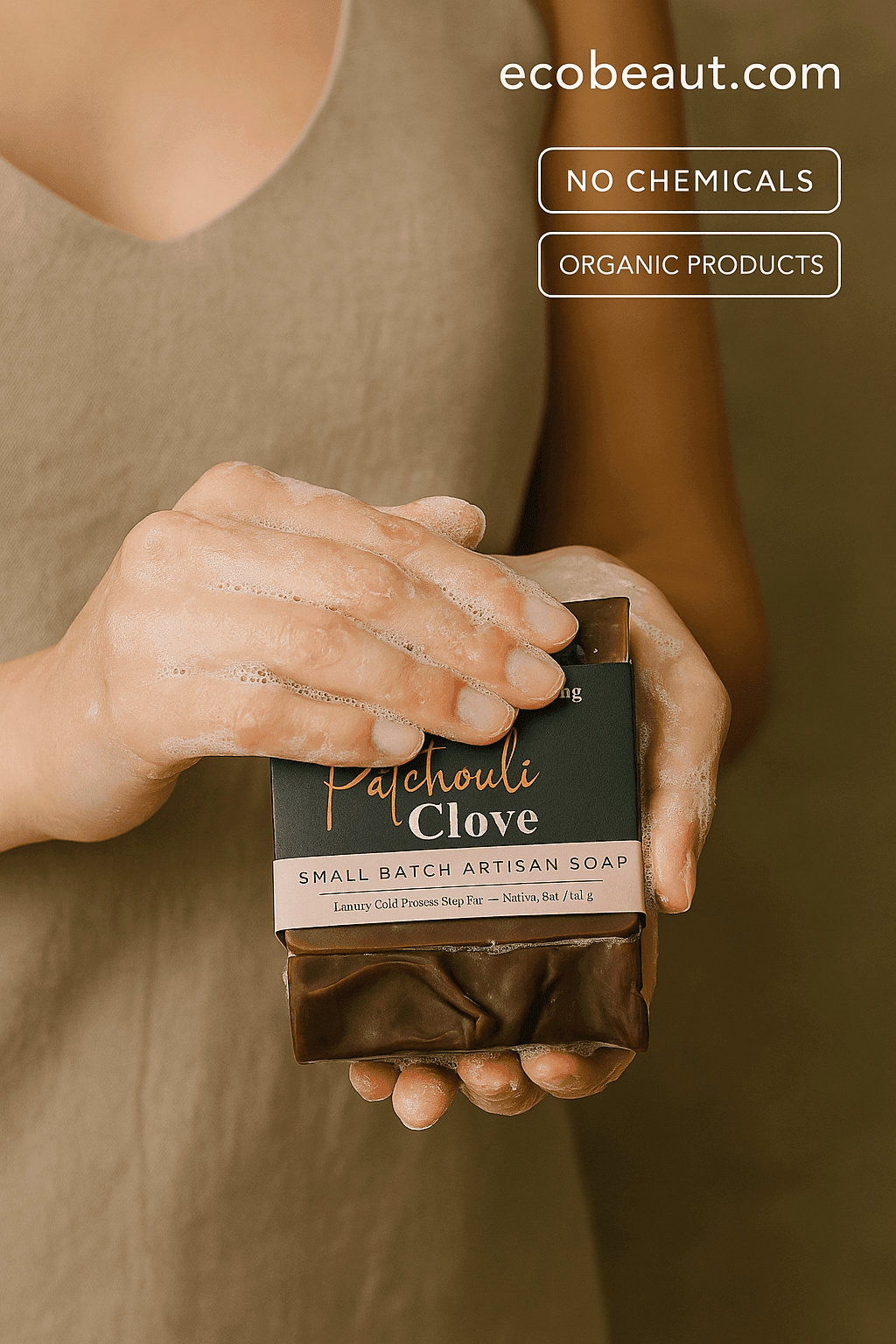 Woman washing her hands with Patchouli Clove artisan soap from ecobeaut.com, featuring “NO CHEMICALS” and “ORGANIC PRODUCTS” icons in the top right corner.