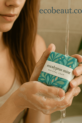 Woman washing with eucalyptus mint natural soap from ecobeaut.com – gentle foam and botanical ingredients