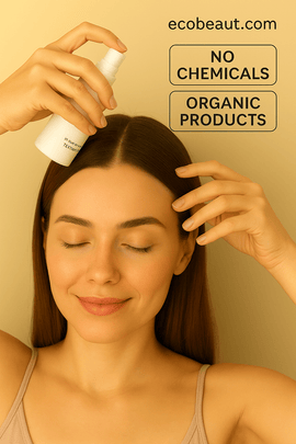 Woman with closed eyes applying dry shampoo, with eco labels: ecobeaut.com, No Chemicals, Organic Products.