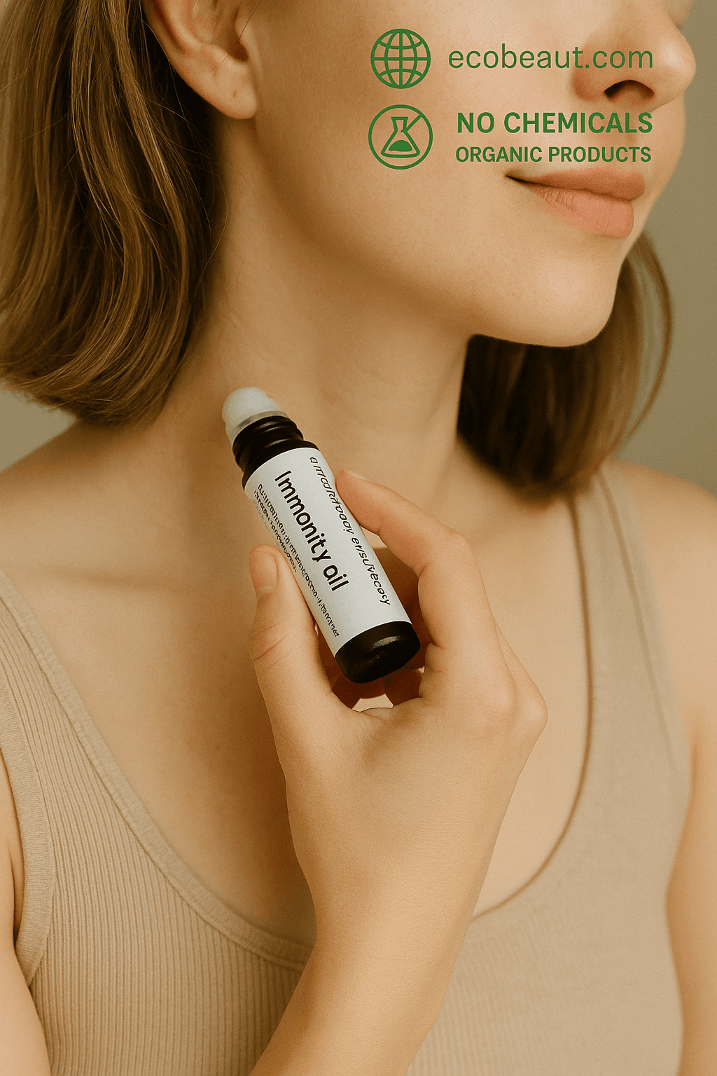 Woman with short light hair applying Immunity Oil to her neck. Natural skincare using organic oil from ecobeaut.com, chemical-free.