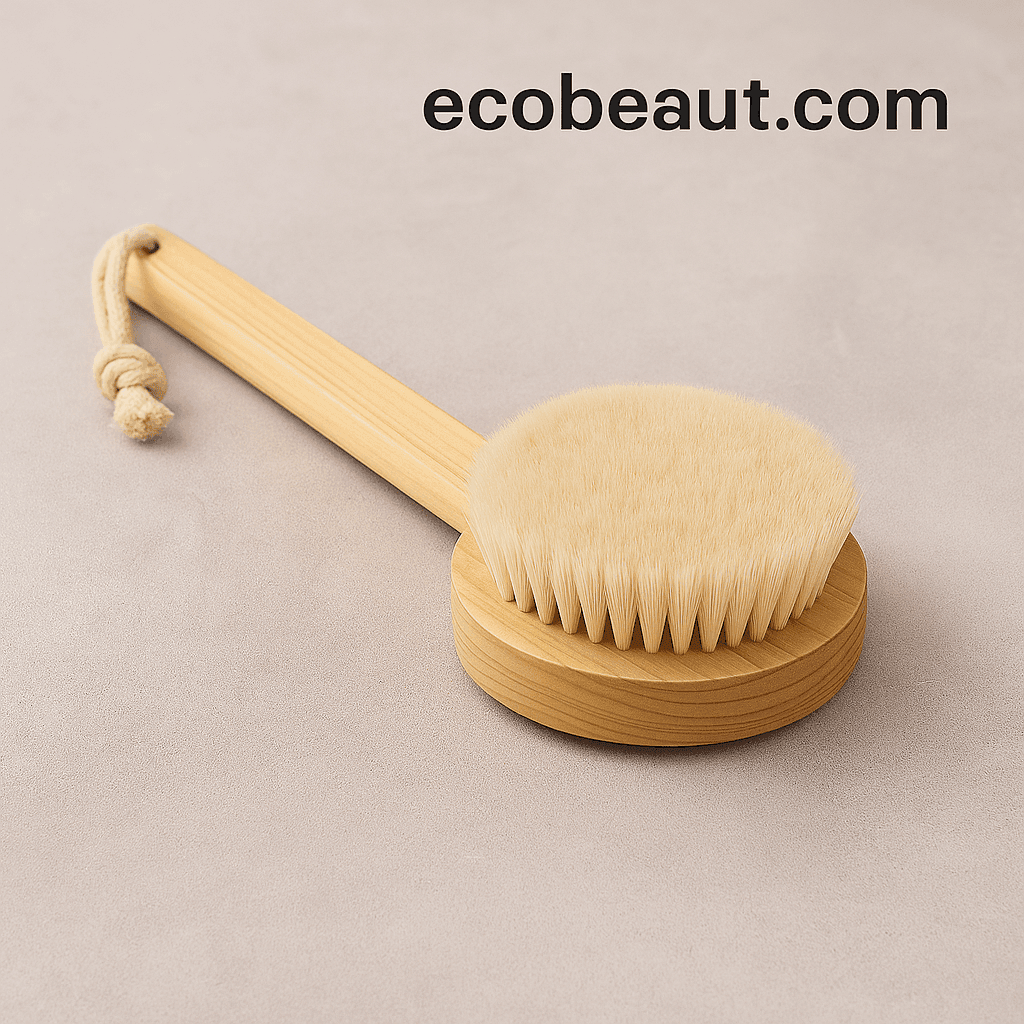 Wooden body brush with natural bristles on white background – eco-friendly skincare tool from ecobeaut.com