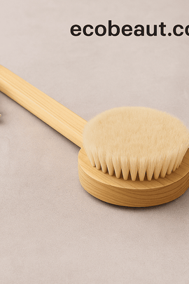 Wooden body brush with natural bristles on white background – eco-friendly skincare tool from ecobeaut.com