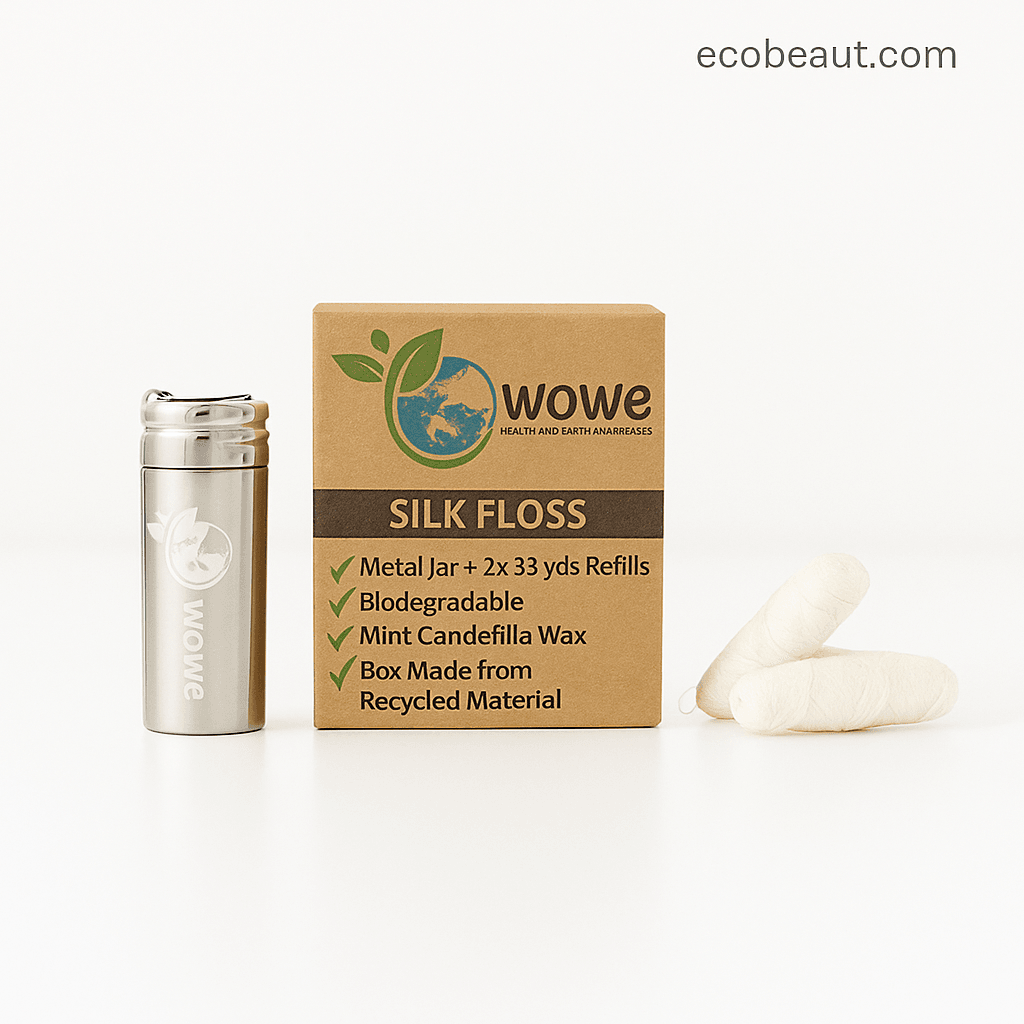 Wowe silk dental floss in stainless steel jar with biodegradable box - ecobeaut.com