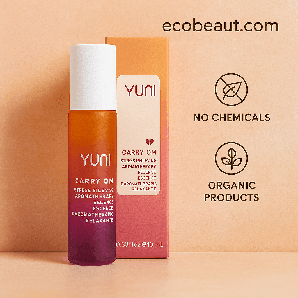 YUNI Carry Om aromatherapy essence with box, peach background, eco icons, and ecobeaut.com text.