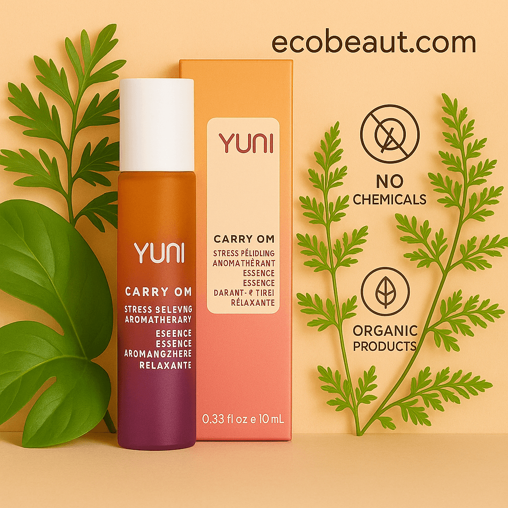 YUNI Carry Om aromatherapy essence with box, placed among green leaves on a soft peach background, featuring “no chemicals,” “organic products” icons, and ecobeaut.com in the top right corner.