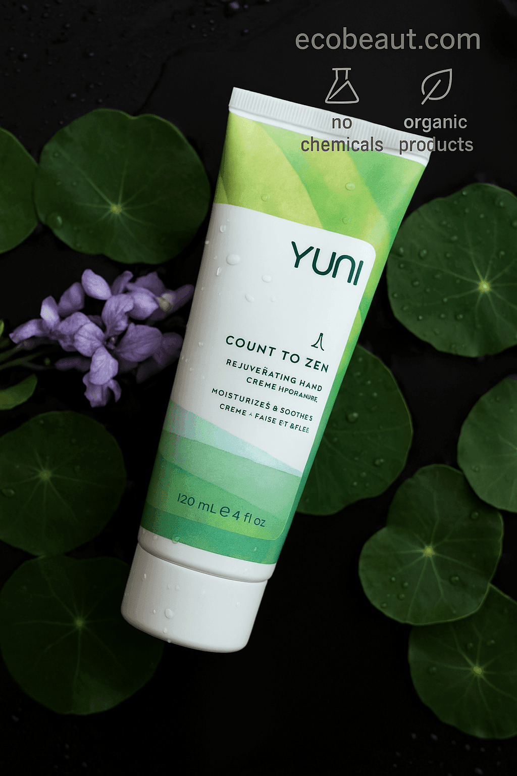 YUNI Count to Zen Hand Cream with green gradient tube, ecobeaut.com label, no chemicals and organic products icons – eco-friendly moisturizing lotion USA