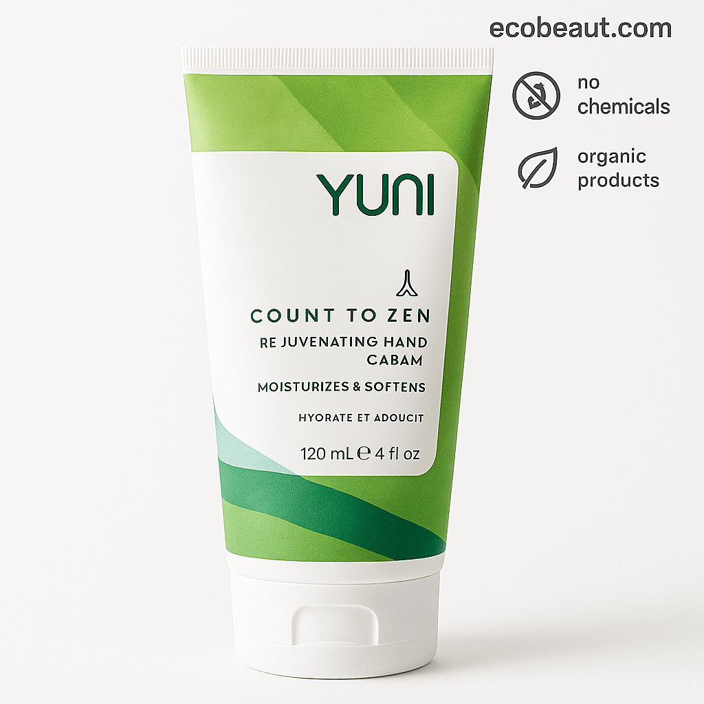 YUNI Count to Zen Rejuvenating Hand Cream tube on clean white background with botanical green design – natural hydrating hand and body cream USA