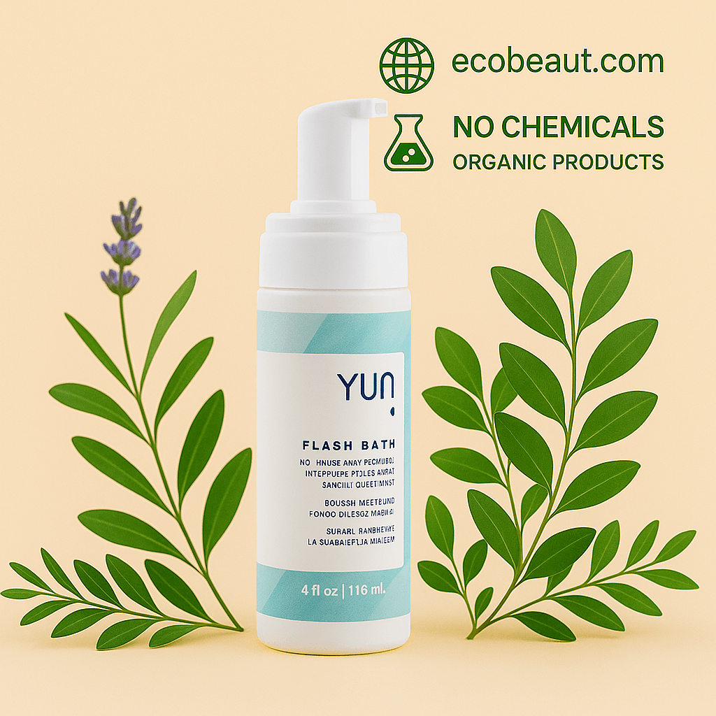 YUNI Flash Bath No-Rinse Body Cleanser bottle placed among green leaves and lavender on a beige background. Labeled as organic and chemical-free with ecobeaut.com branding in the top corner.