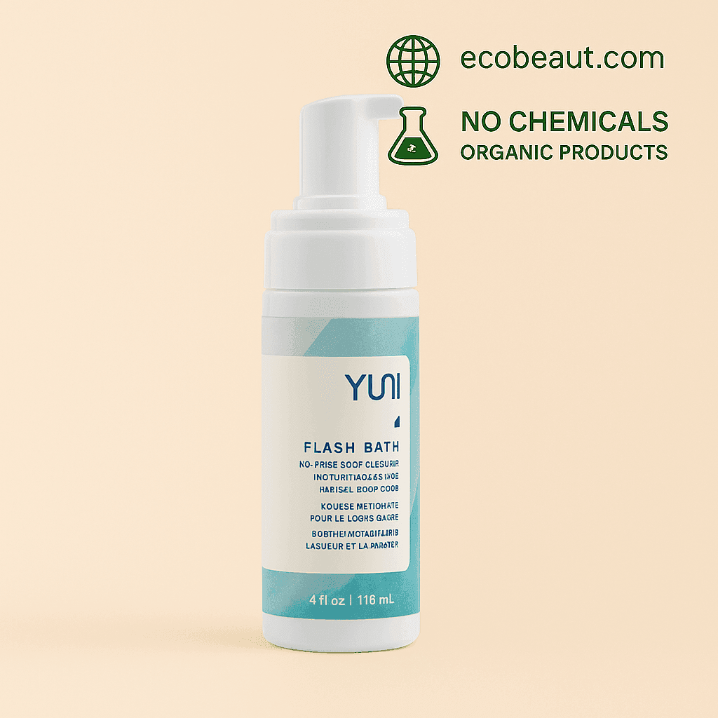 YUNI Flash Bath No-Rinse Body Cleanser standing upright on a beige background with eco-friendly icons. Labeled as organic and chemical-free with ecobeaut.com branding in the top corner.