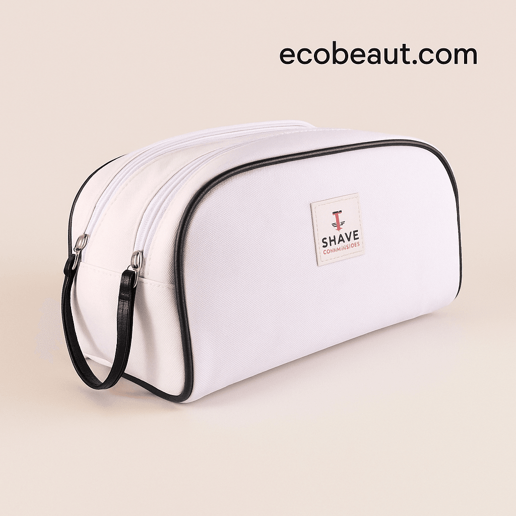 Young African American man in a gray shirt holding two white Shave Essentials toiletry bags, with ecobeaut.com in the top right corner, showcasing the bags' practical size and stylish design.