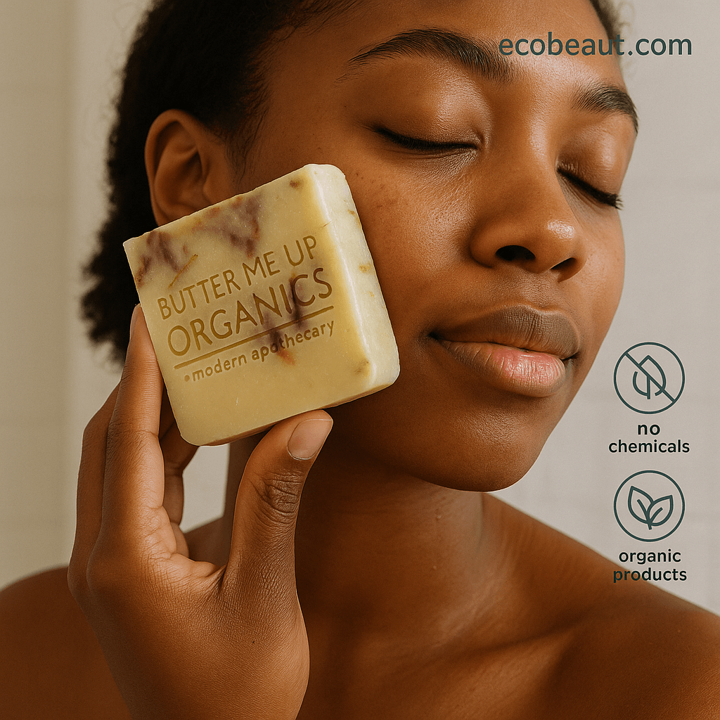 Young Black woman applying organic soap labeled Butter Me Up Organics to her face – no chemicals, organic products – ecobeaut.com