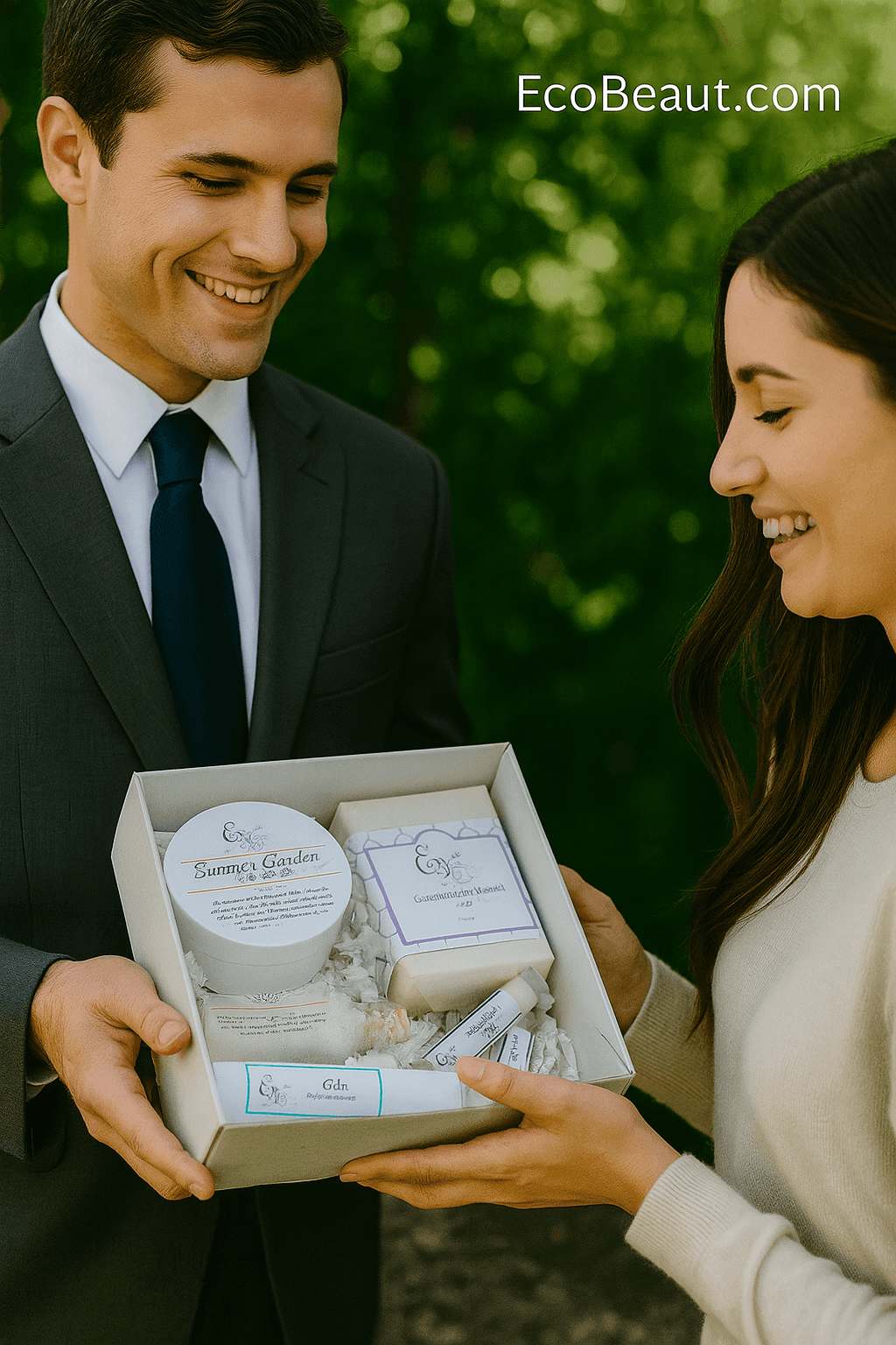 Young man in suit presenting EcoBeaut.com organic skincare gift set to smiling woman outdoors, luxury eco-friendly gift box with Summer Garden sugar scrub and Lavender Mint Splash soap
