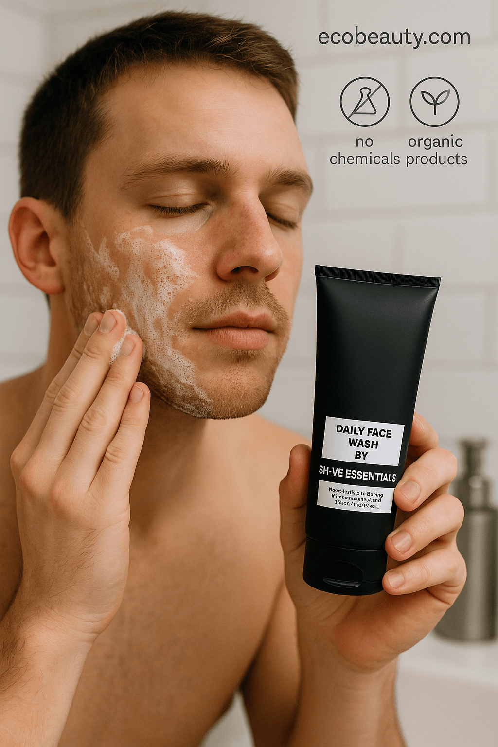 Young man with fair skin using Daily Face Wash by Shave Essentials, gently massaging foam onto his face while holding the black tube, featuring the ecobeaut.com website and 'no chemicals, organic products' icons.