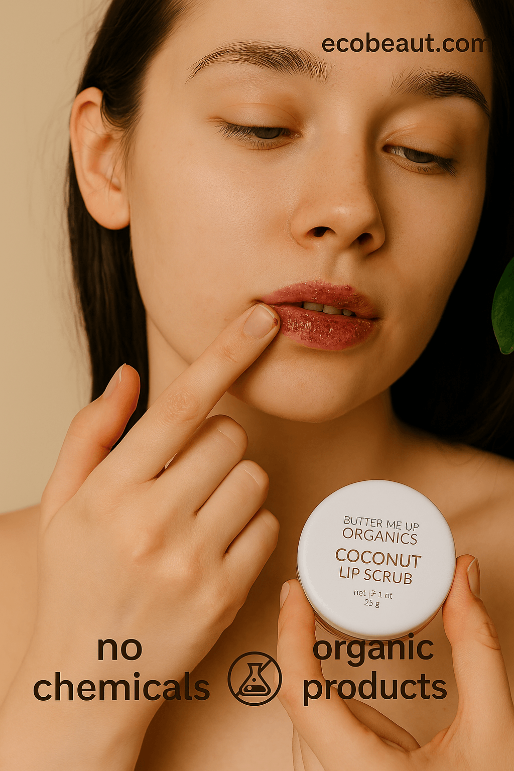 Young woman applying Butter Me Up Organics Coconut Lip Scrub to her lips – natural skincare scene with ecobeaut.com branding, no chemicals, and organic products labels