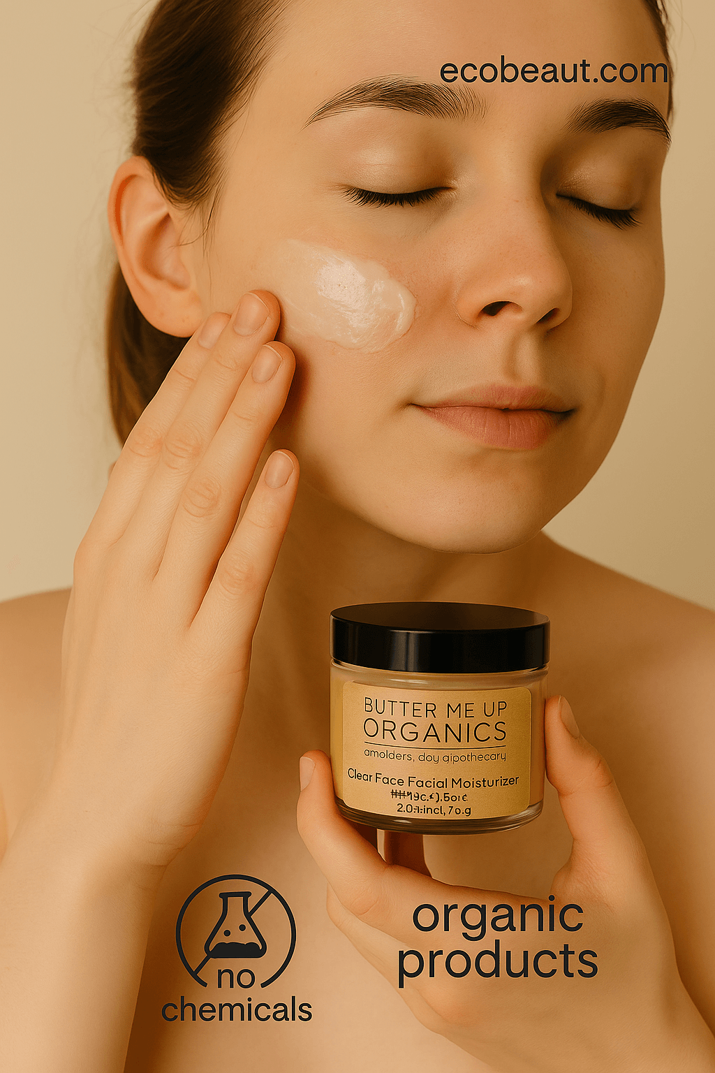 Young woman applying Butter Me Up Organics facial moisturizer with Gotu Kola – organic skincare, no chemicals, ecobeaut.com branding