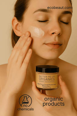 Young woman applying Butter Me Up Organics facial moisturizer with Gotu Kola – organic skincare, no chemicals, ecobeaut.com branding
