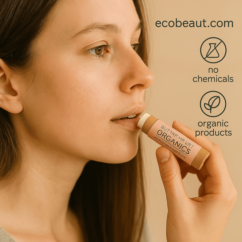 Young woman applying Butter Me Up™ Organics lip balm in a natural setting, with ecobeaut.com, no chemicals, and organic products labels in the top right corner, highlighting the product's organic and chemical-free nature