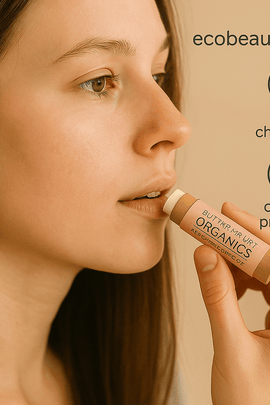 Young woman applying Butter Me Up™ Organics lip balm in a natural setting, with ecobeaut.com, no chemicals, and organic products labels in the top right corner, highlighting the product's organic and chemical-free nature