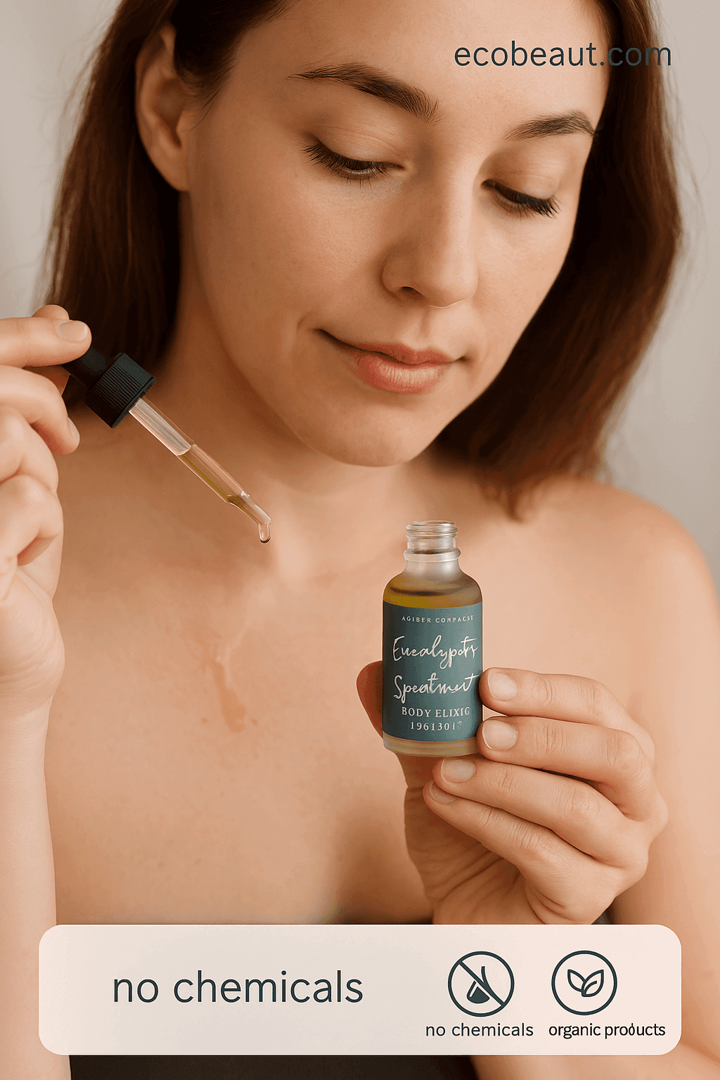 Young woman applying Eucalyptus & Spearmint Body Elixir to her chest using a dropper, holding the green bottle labeled "A Girl's Gotta Spa!", with eco-friendly icons and ecobeaut.com in the top right corner