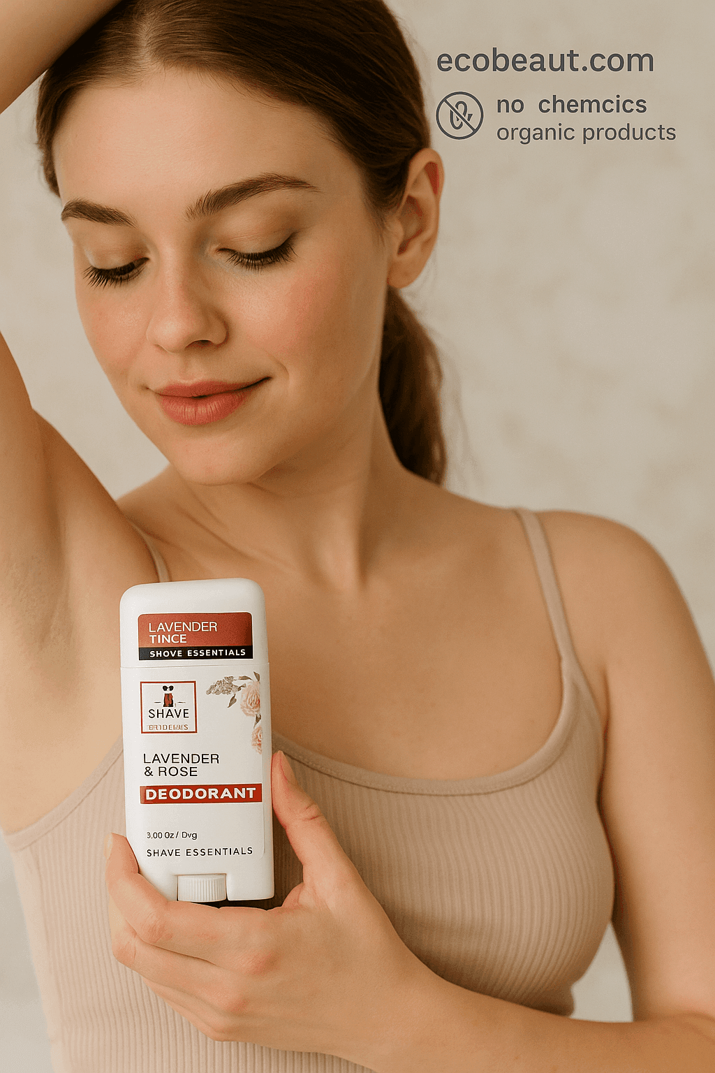 Young woman applying Lavender & Rose deodorant by Shave Essentials – natural skincare moment – ecobeaut.com, no chemicals, organic products