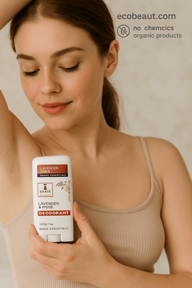 Young woman applying Lavender & Rose deodorant by Shave Essentials – natural skincare moment – ecobeaut.com, no chemicals, organic products