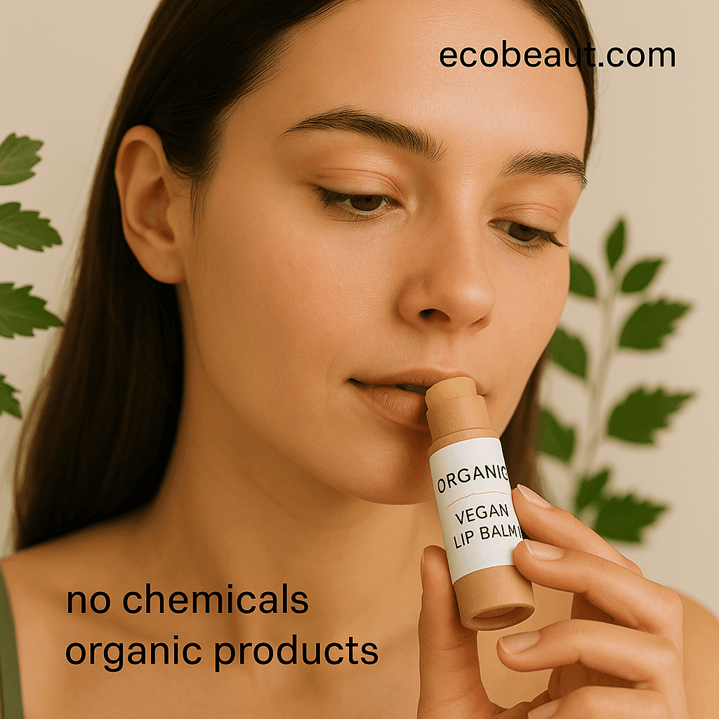 Young woman applying vegan lip balm to her lips, holding eco-friendly kraft tube; text “ecobeaut.com” in the top right and markings “no chemicals” and “organic products” at the bottom, with green leaves in the background.