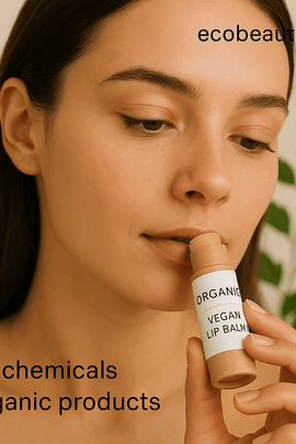 Young woman applying vegan lip balm to her lips, holding eco-friendly kraft tube; text “ecobeaut.com” in the top right and markings “no chemicals” and “organic products” at the bottom, with green leaves in the background.