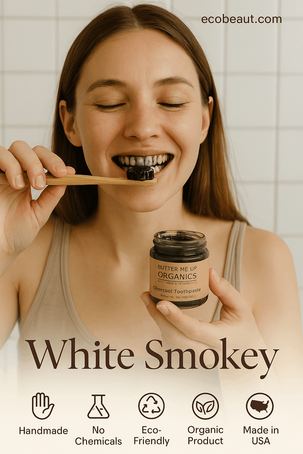 Young woman brushing teeth with Butter Me Up Organics Charcoal Toothpaste – Natural whitening, organic, chemical-free toothpaste – ecobeaut.com