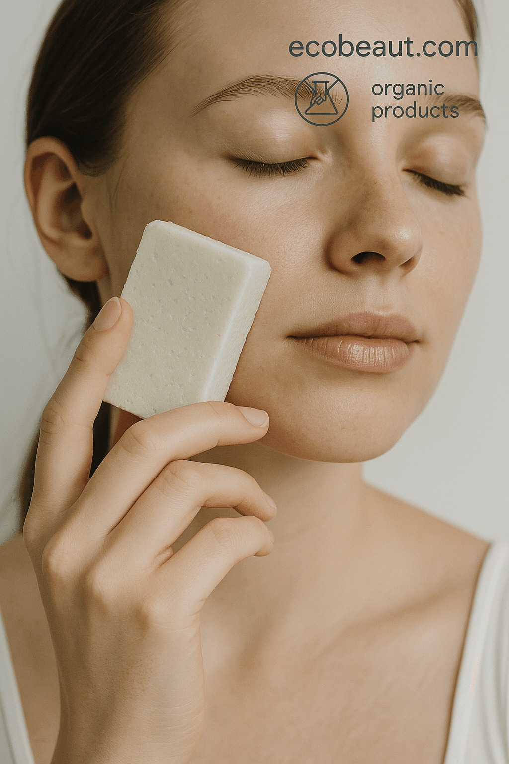 Young woman cleansing her face with handmade organic white soap – gentle skincare, ecobeaut.com, no chemicals, organic products