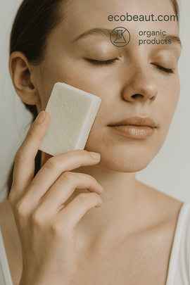 Young woman cleansing her face with handmade organic white soap – gentle skincare, ecobeaut.com, no chemicals, organic products