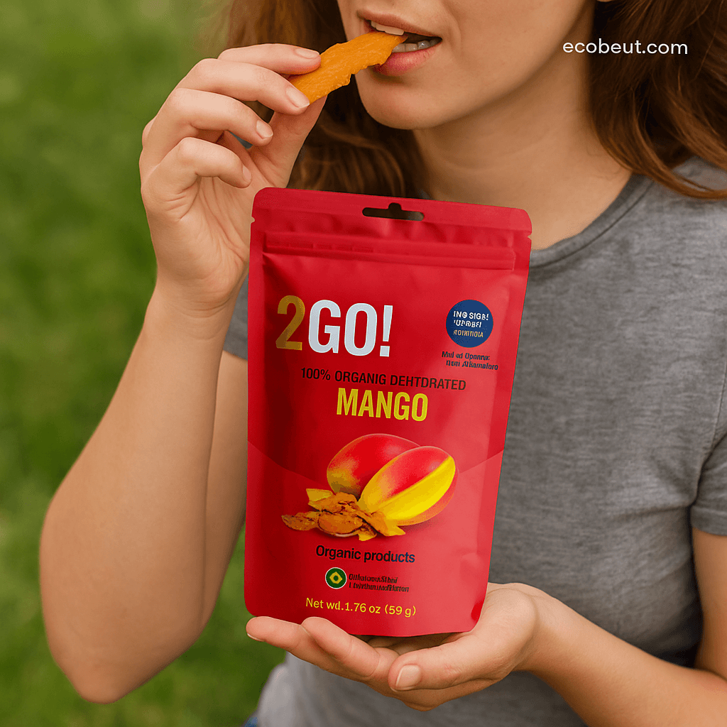 Young woman enjoying 2GO! Organic Dried Mango snack with no chemicals and organic product labels, ecobeaut.com branding in corner