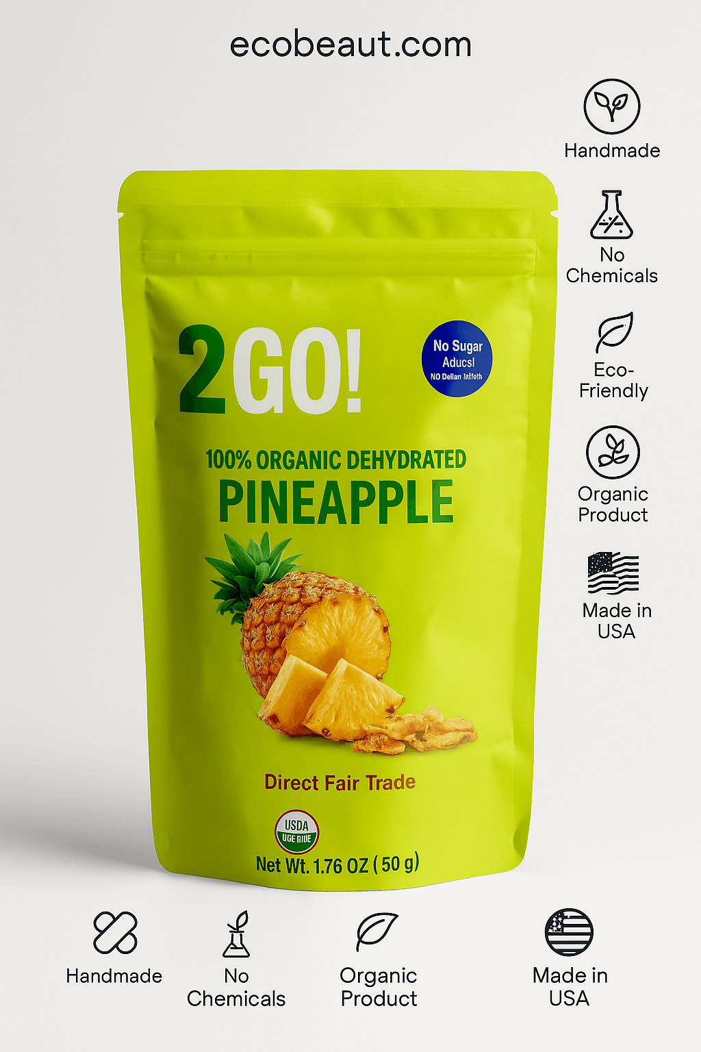 Young woman enjoying 2GO! Organic Pineapple as a healthy snack – natural use-case scene with packaging and product visible, labeled 'Handmade', 'No Chemicals', 'Eco-Friendly', 'Organic Product', 'Made in USA', with ecobeaut.com in top corner